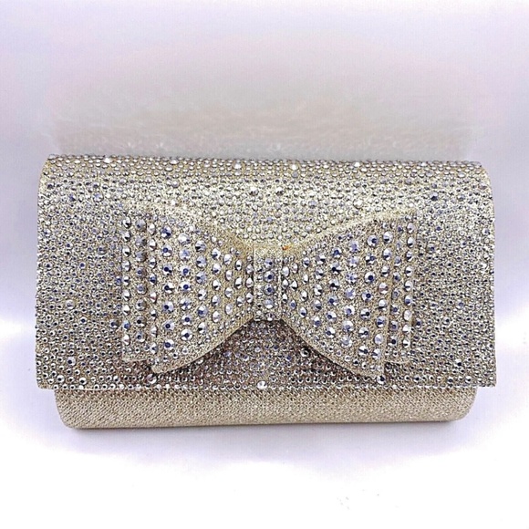 INC Champagne Crystal/Rhinestone Bow High Heels & Matching Clutch Purse, sz. 9.5 - Picture 12 of 13